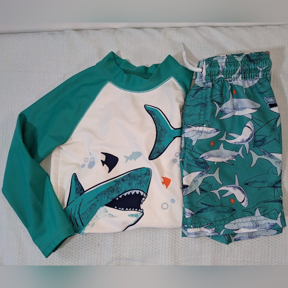 🥽 Child of Mine Shark Swim Trunks & Rashguard Aqua Toddler 3T - Picture 2 of 10